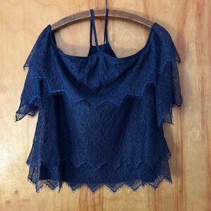 White House Black Market-Lace Off Shoulder Tiered Top-Navy-Coquette-Fairy-Sz M